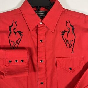 High Noon Shirt Mens Large Red Western Pearl Snap Horse‎ Embroidered Cowboy